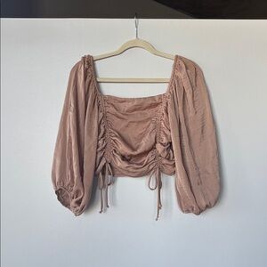 Brown cropped top Blouse with Ruched Puff Sleeves 3/4 length sleeves